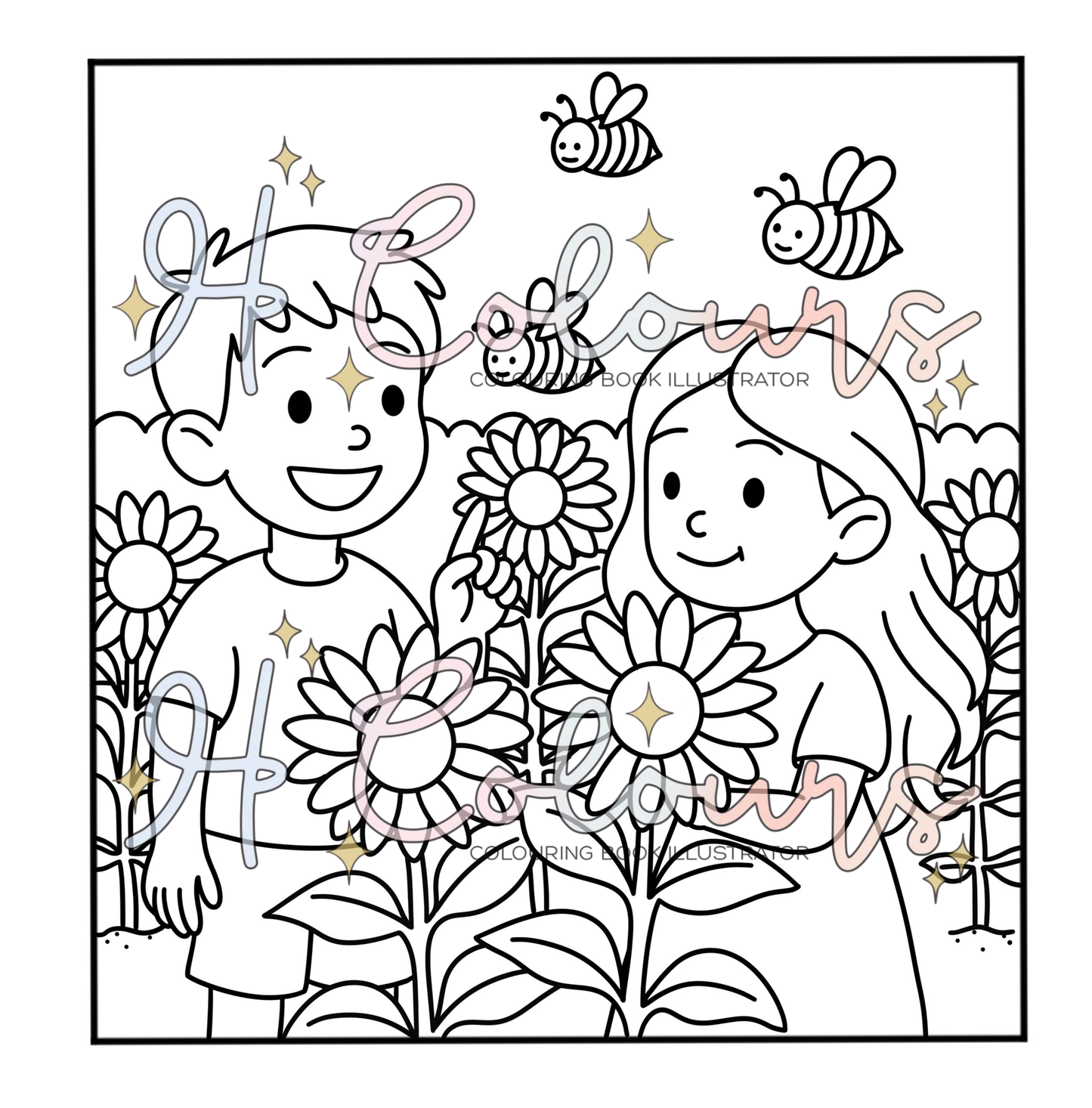 Digital Sunflower and Bees Colouring Page