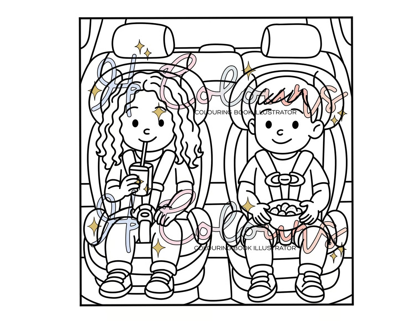 Digital Children in Car Seats Colouring Page