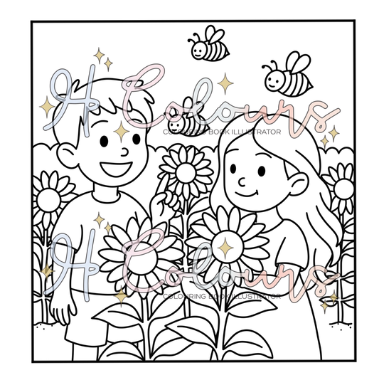 Digital Sunflower and Bees Colouring Page