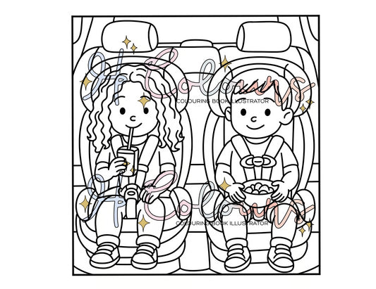 Digital Children in Car Seats Colouring Page