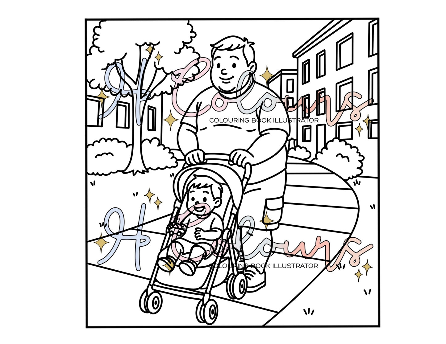 Digital Dad Walking with Toddler Colouring Page