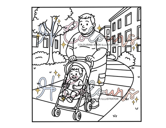 Digital Dad Walking with Toddler Colouring Page